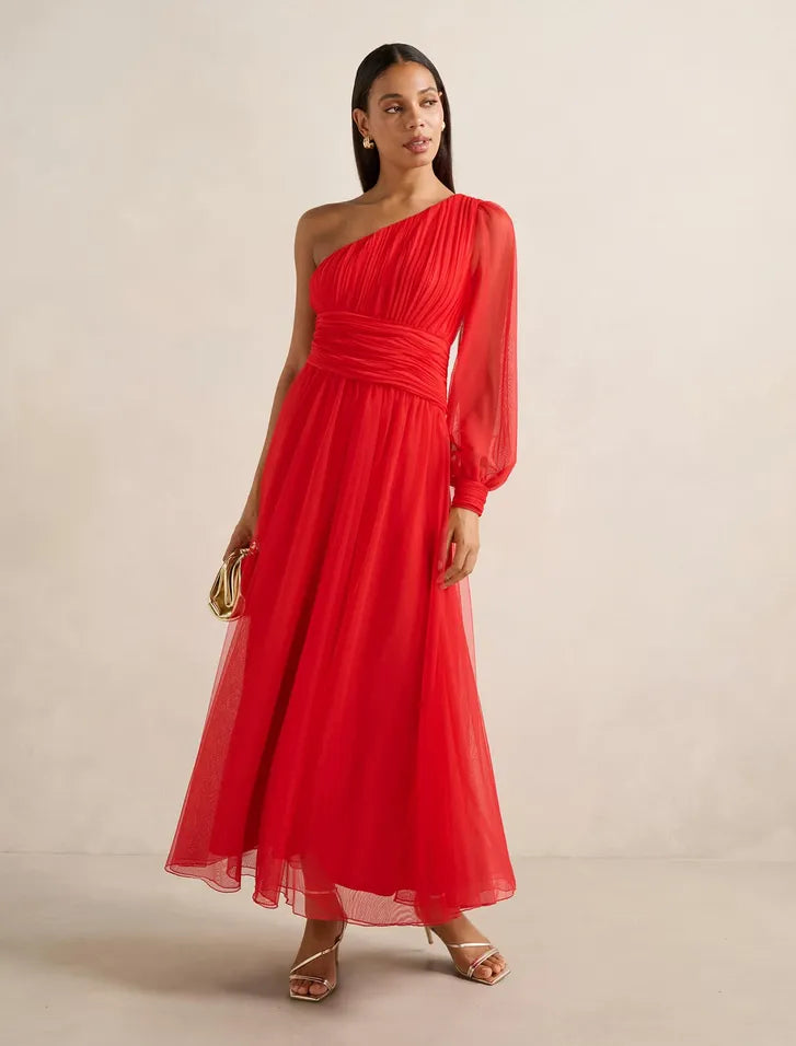 NWT Evernew Jennifer One-Shoulder Tulle Maxi Dress